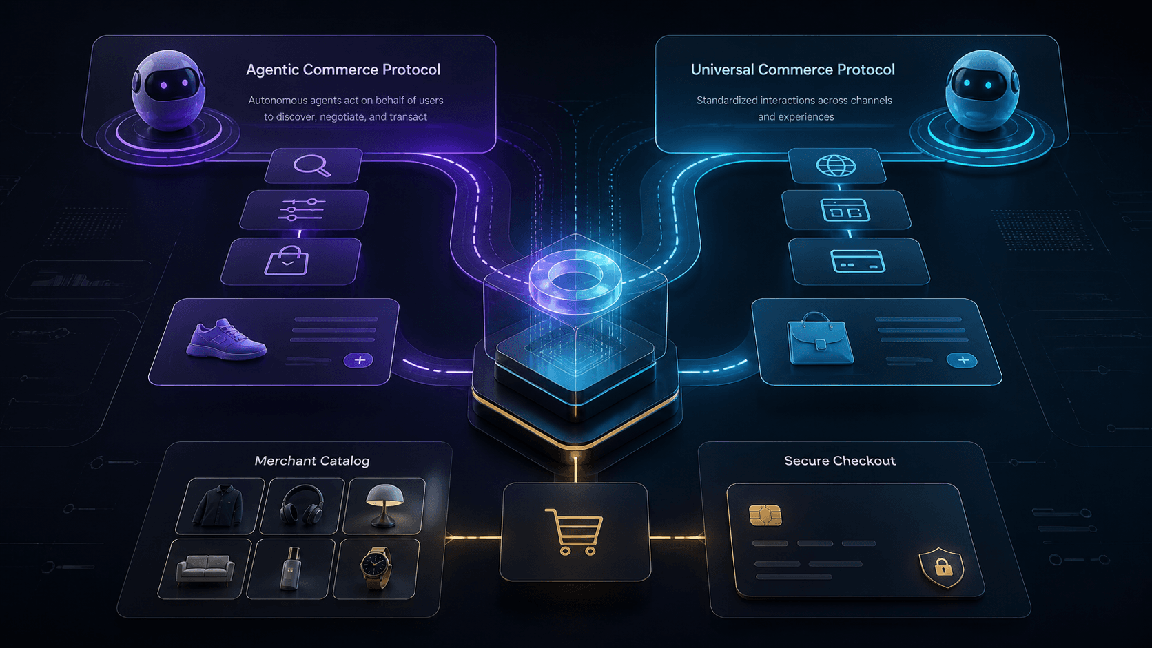 Professional comparison of ACP and UCP pathways connecting AI shopping agents with a merchant catalog and secure checkout.