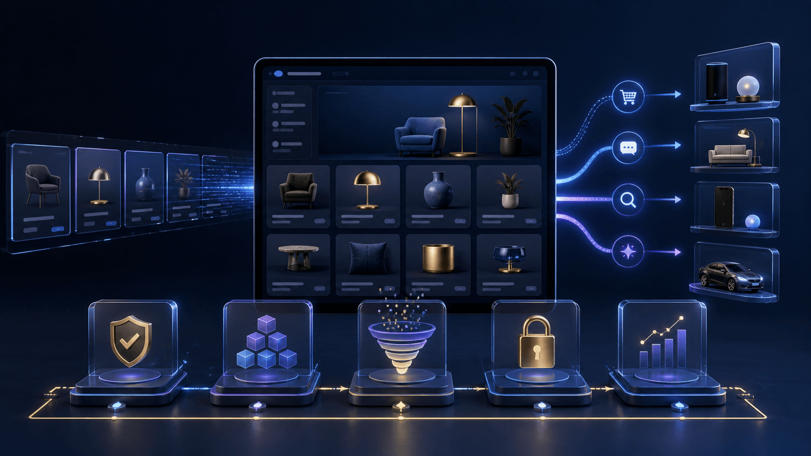 Professional agentic commerce workflow connecting a WooCommerce-style product catalog with structured discovery, security, shopping agents, and measurement.