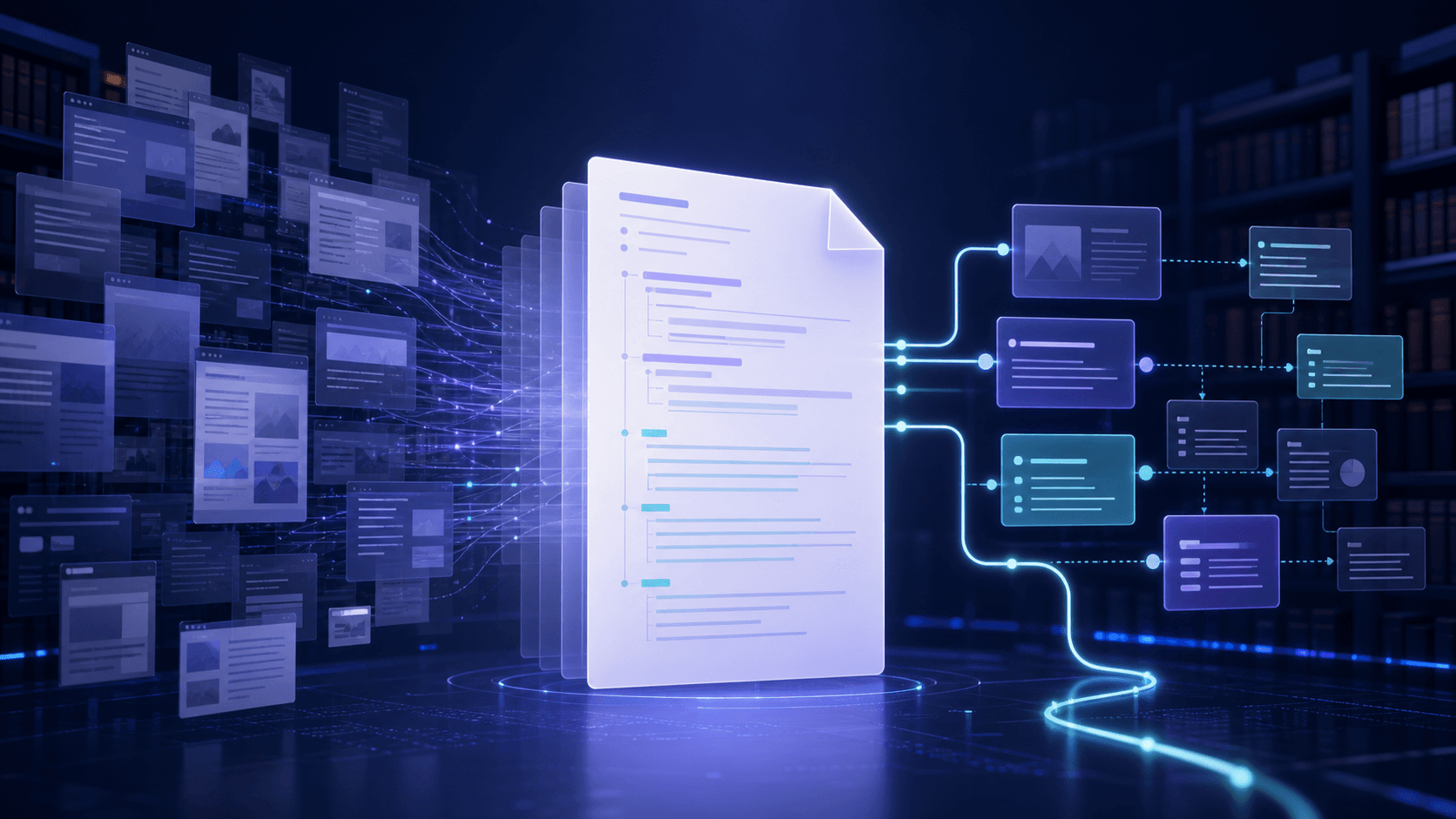 A luminous llms.txt document organizing complex website pages into a clean linked map for AI agents.
