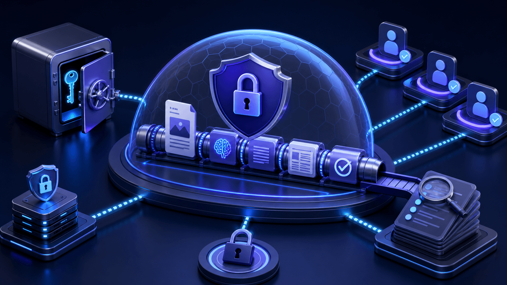 Protected AI content automation pipeline with a security shield, keys, and approved access nodes.