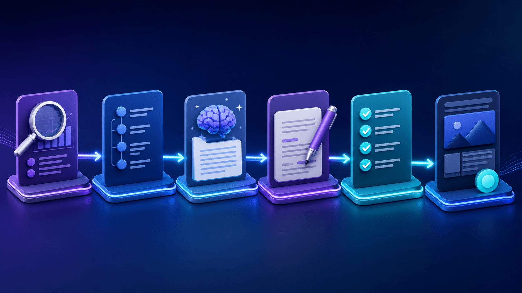 Six-stage AI content workflow from keyword research through WordPress publishing.