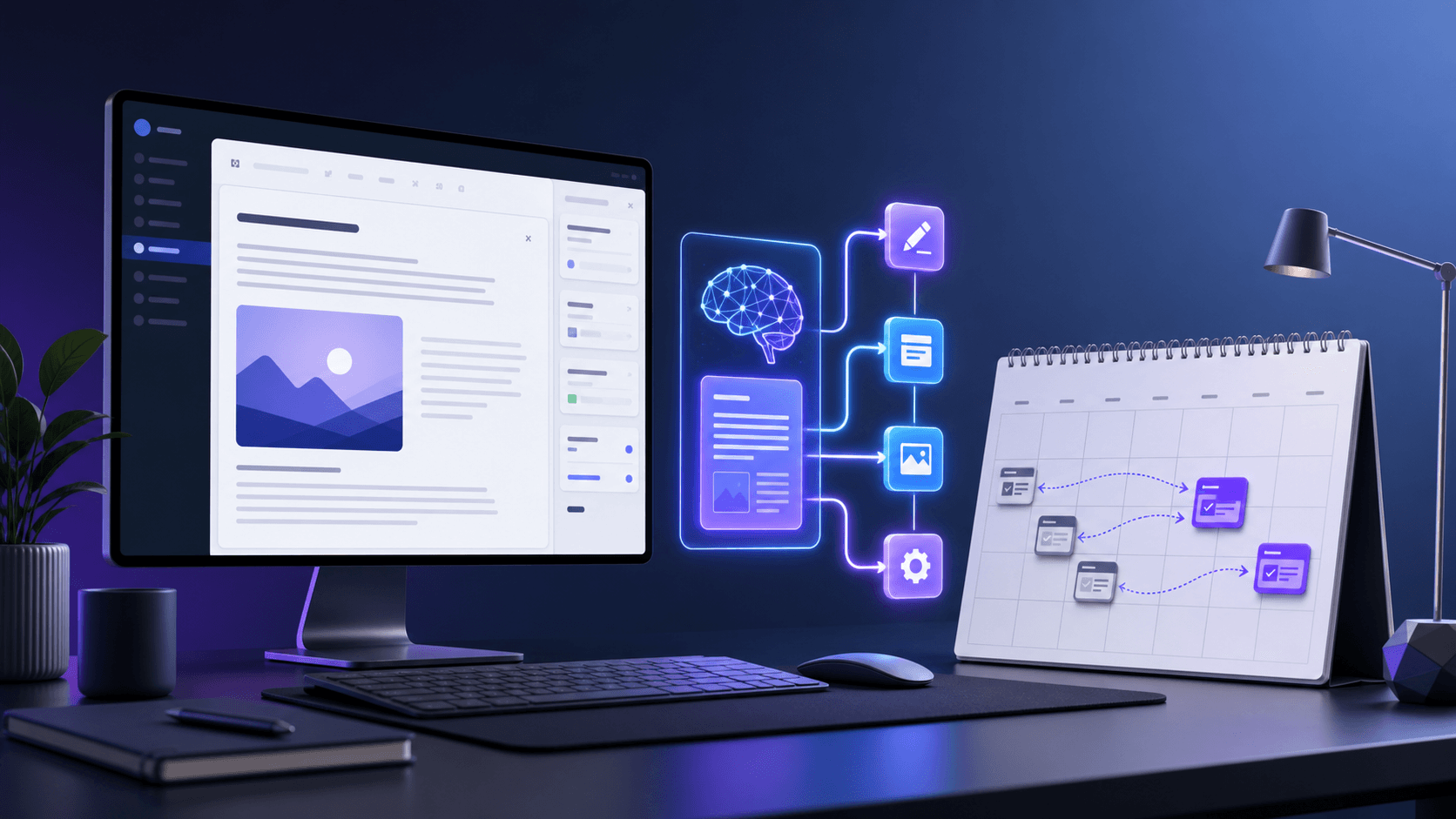 AI-assisted WordPress editorial workflow connecting content drafting, review, and a publishing calendar.