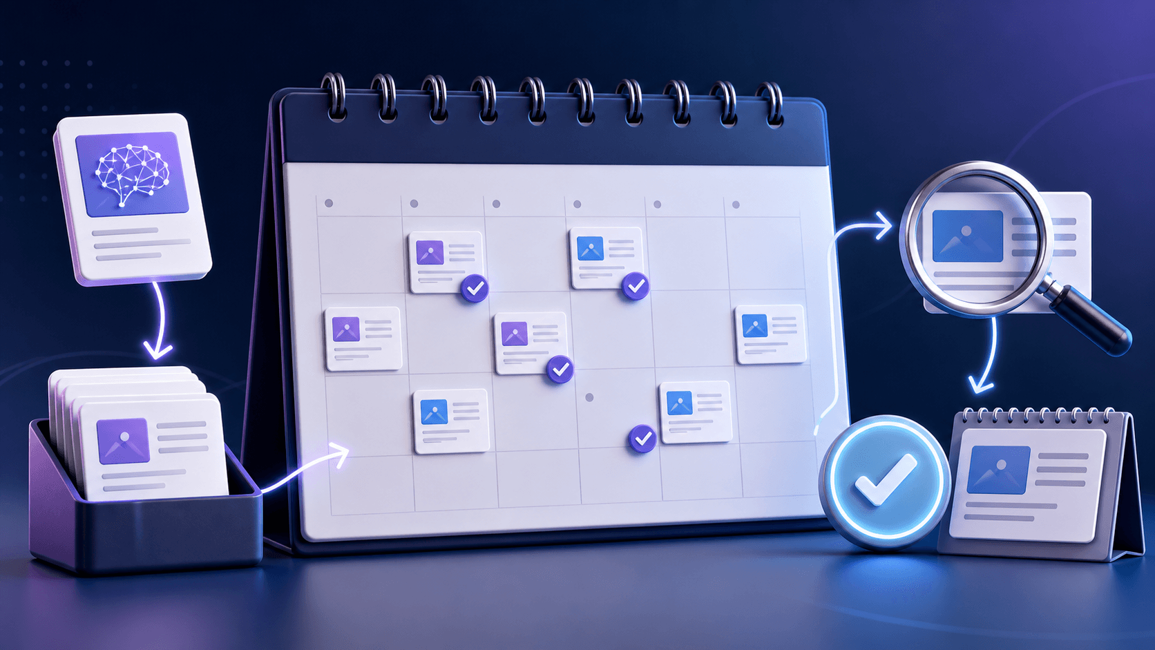 Editorial calendar showing AI-assisted article drafts being checked and scheduled.