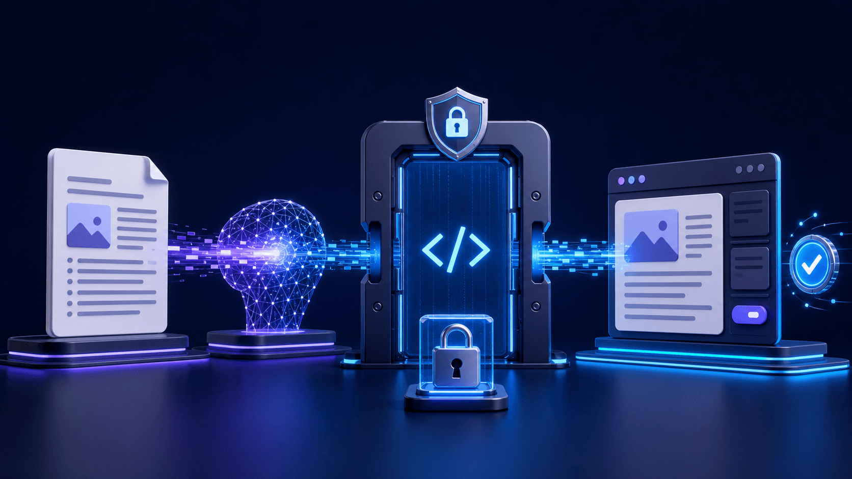 Secure API gateway connecting an AI article draft to a WordPress publishing interface.