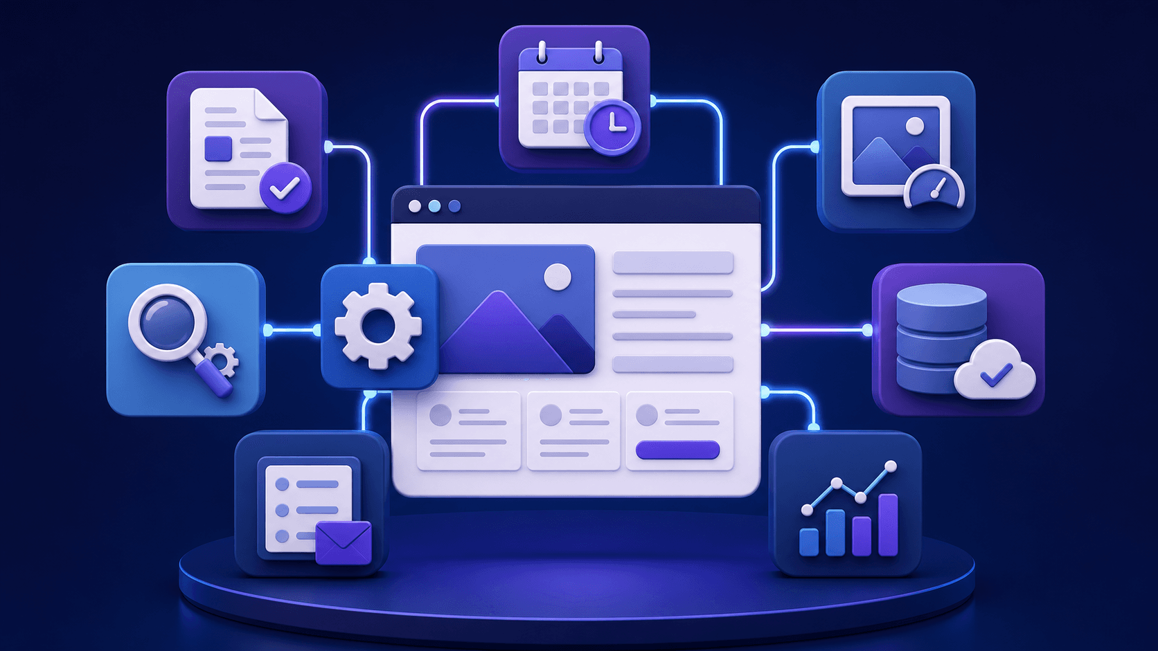 WordPress site card surrounded by connected automation modules for research, publishing, media, analytics, and operations.